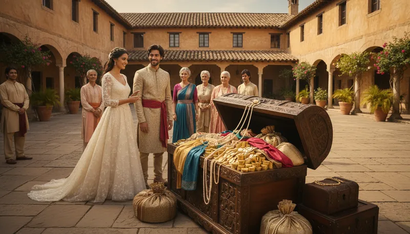 Illustration of dowry: property or money brought into marriage