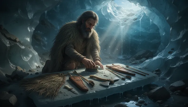 Illustration of iceman: Frozen prehistoric human discovered in ice.