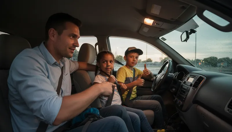 Illustration of buckle up: To fasten seatbelt for safety.