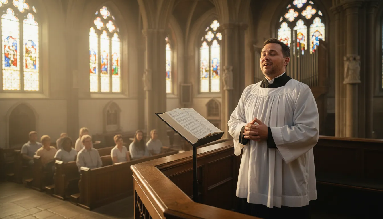 cantor 的插圖：A person who leads singing in a religious service.