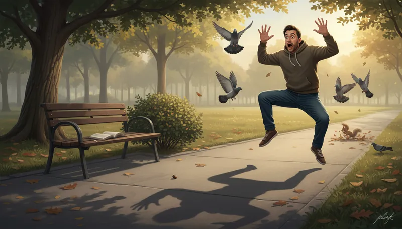 Illustration of afraid of one's own shadow: Easily frightened or overly anxious.