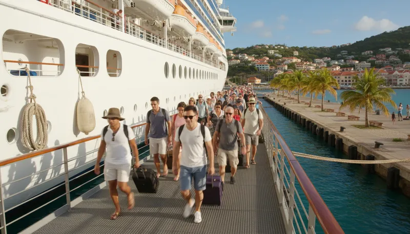 Illustration of disembark: To leave a ship or aircraft.