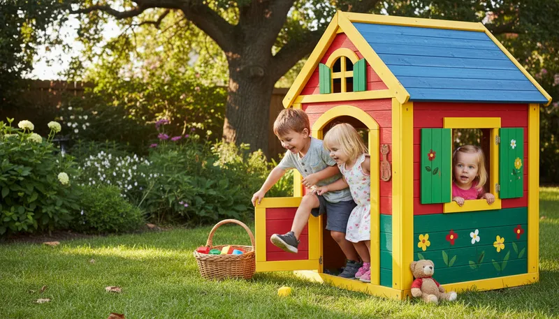 Illustration of playhouse: a small building for children to play in.