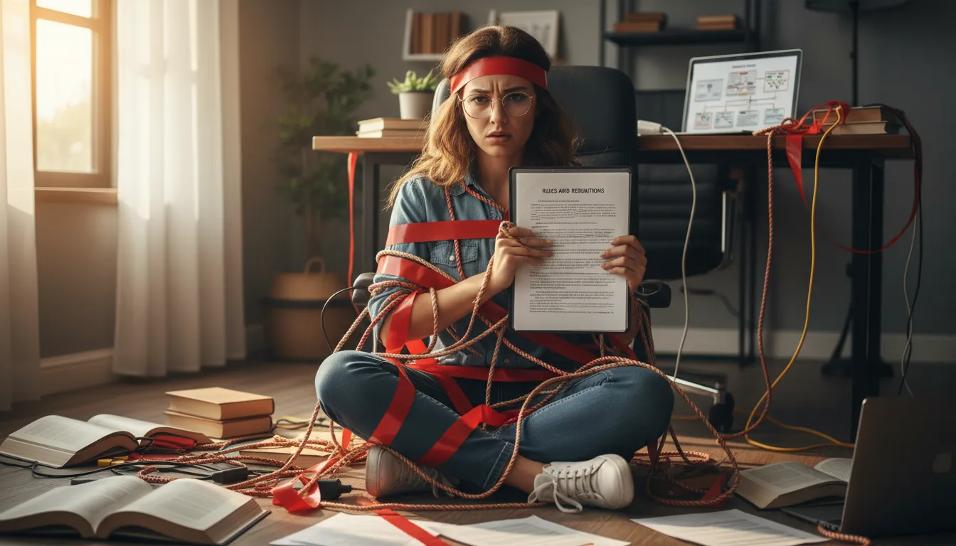 Иллюстрация tie oneself in knots: to become confused or anxious