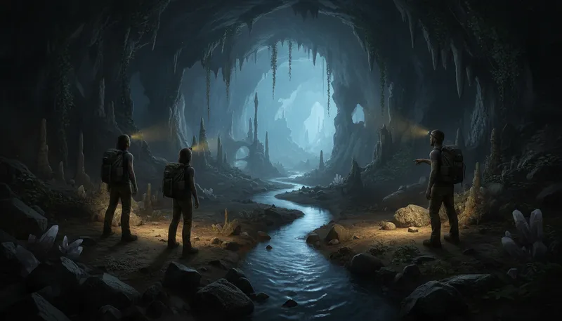 Illustration of cavern: A large, dark cave with rock formations.