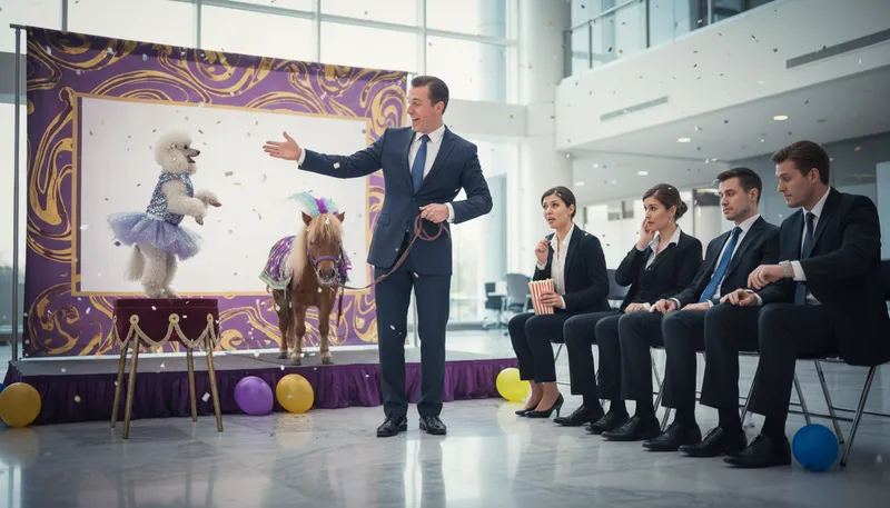 Illustration of dog and pony show: A presentation meant to impress with flair.