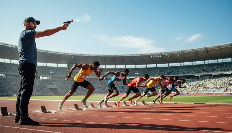 Illustration of fire the starting gun: to begin a race or competition.