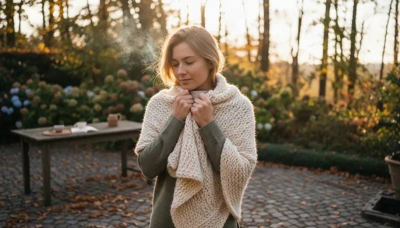 Illustration of shawl: A piece of fabric worn over the shoulders.