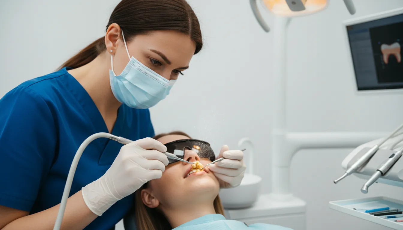 Illustrazione di tartar: a hard yellowish deposit that forms on teeth