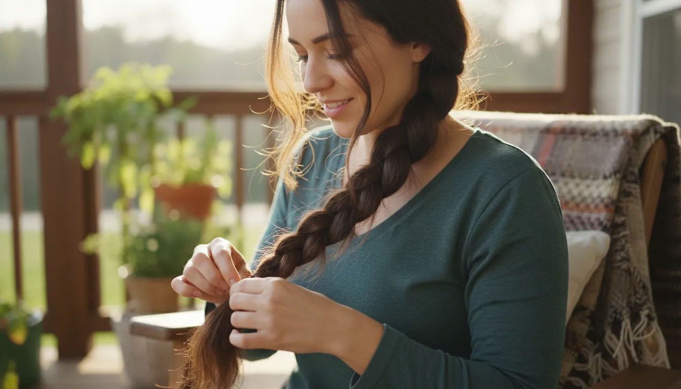 braid का चित्र: a single woven band of hair or thread