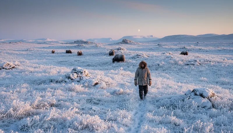 Illustration of tundra: A cold, treeless region with low vegetation.