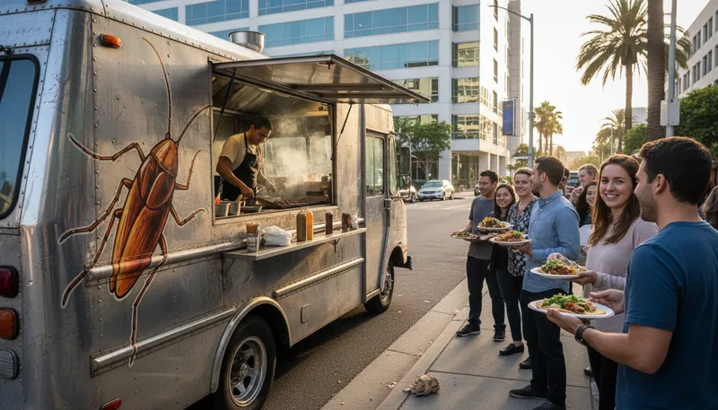 Illustration of roach coach: a food truck, especially for workers.