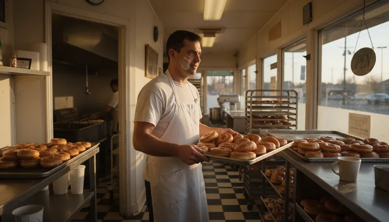 Illustration of time to make the donuts: start routine work or daily tasks.