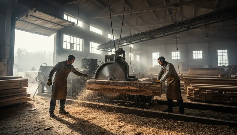 Illustration of sawmill: A facility that cuts timber into lumber.