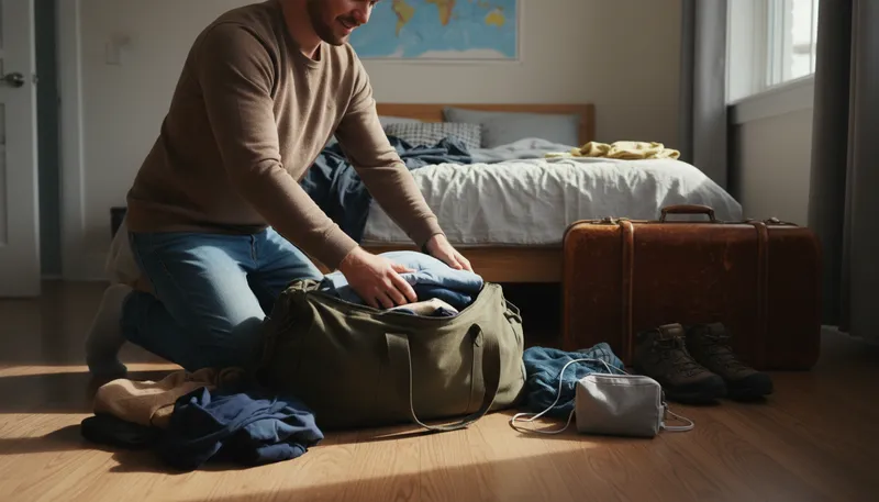 Illustration of duffel: A large bag made of sturdy fabric.