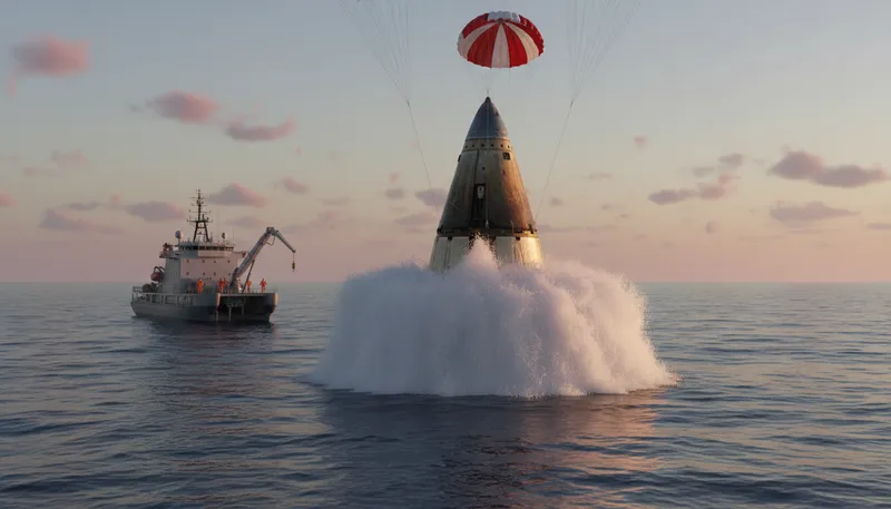 Illustration of splash down: to land in water, especially spacecraft