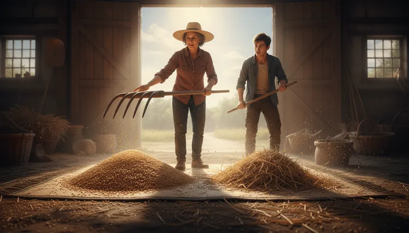 Illustration of separate the wheat from the chaff: distinguish valuable from worthless.