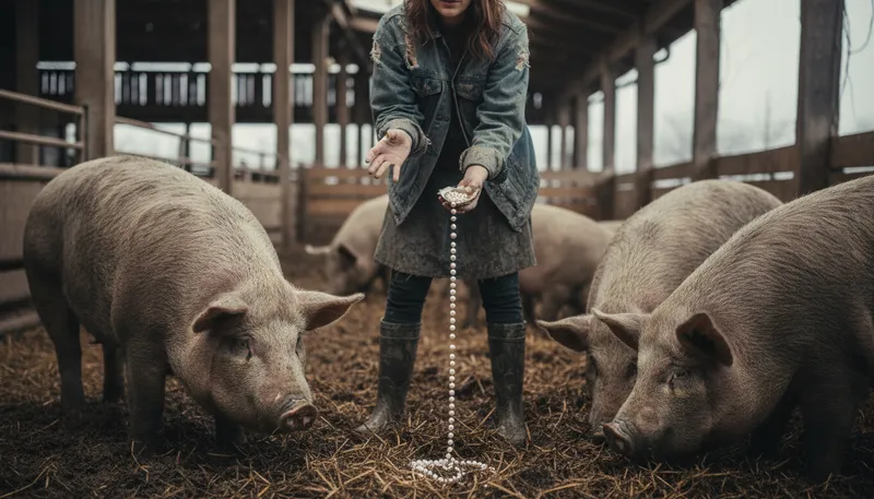 Illustration of pearls before swine: offering something valuable to those who won't appreciate it