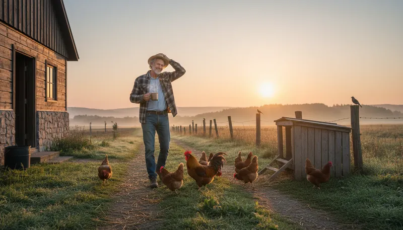 Illustration of get up with the chickens: Wake up very early, like a farmer.