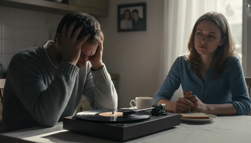 Illustration of broken record: person repeating the same thing often