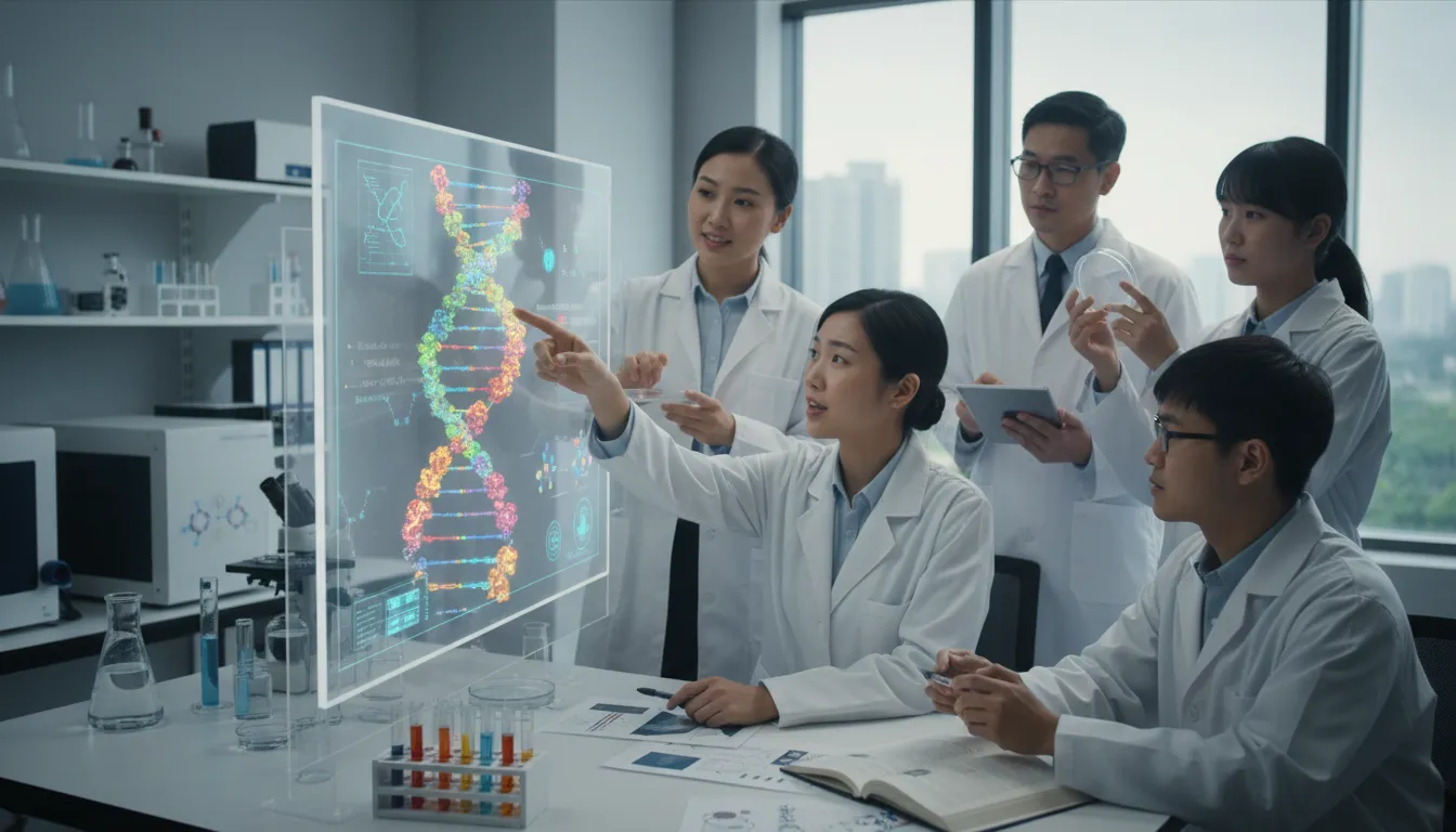 Illustration of genetics: The scientific study of genes and inheritance.