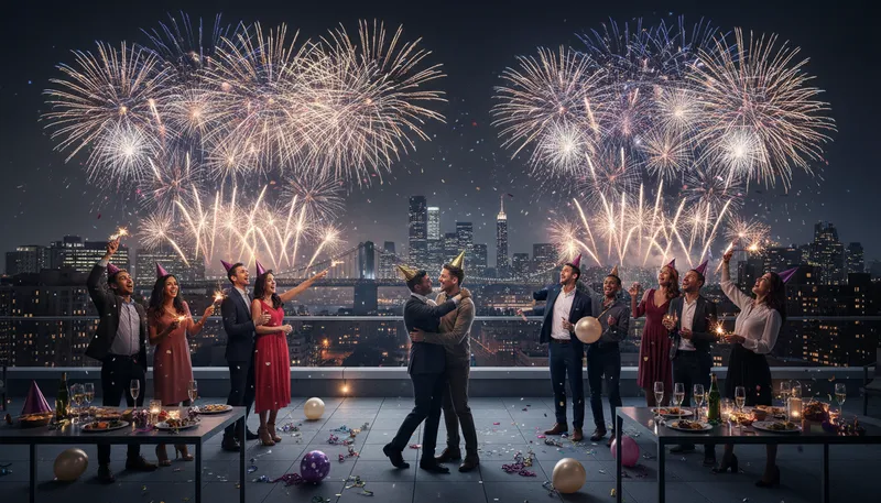 Illustration of NYE: An abbreviation for New Year's Eve celebrations.