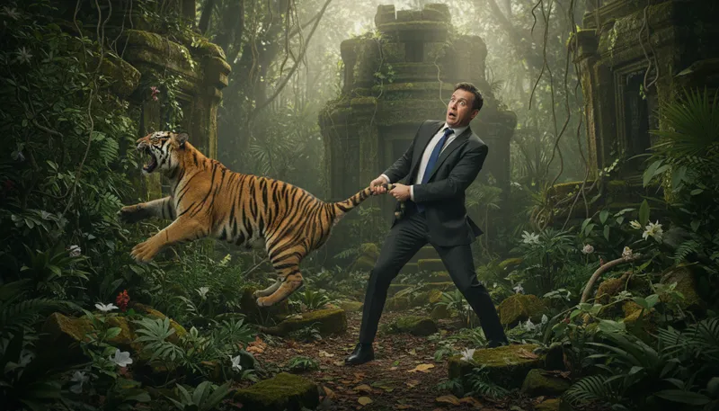 Illustration of have the tiger by the tail: to be in a difficult situation