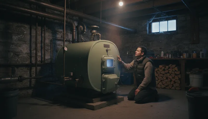 Illustration of boiler: A device that heats water for a building.