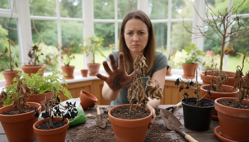 Illustration of brown thumb: unable to grow plants successfully