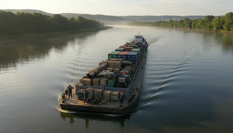 Illustration of barge: a flat-bottomed boat for transporting goods