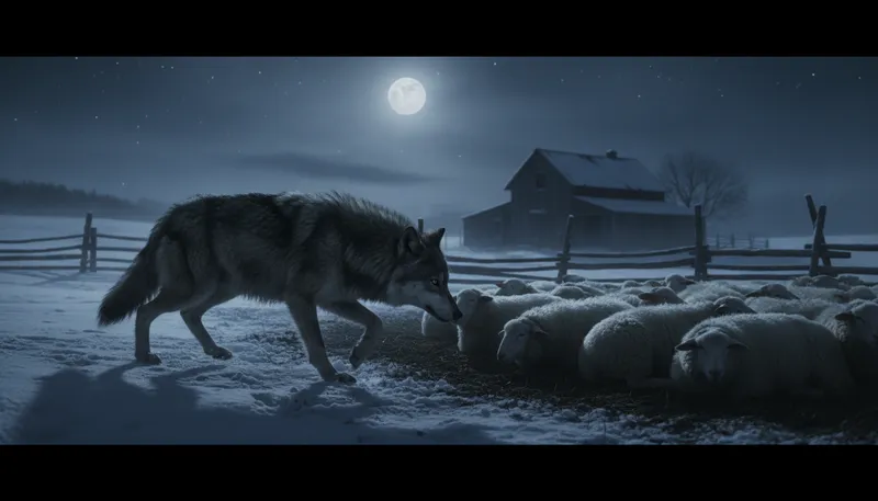 Illustration of like a wolf on the fold: danger lurking among the unsuspecting.