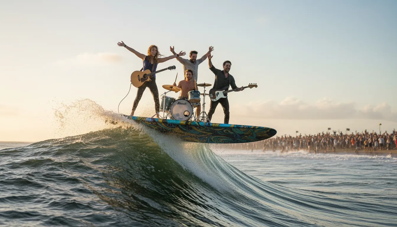Illustrazione di ride the crest of the wave: Enjoy a peak of success.