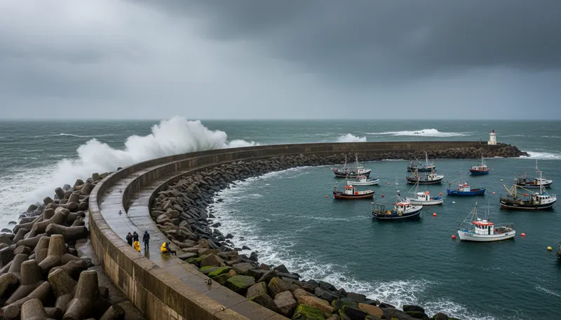 Illustration of breakwater: A structure built to protect a harbor from waves.
