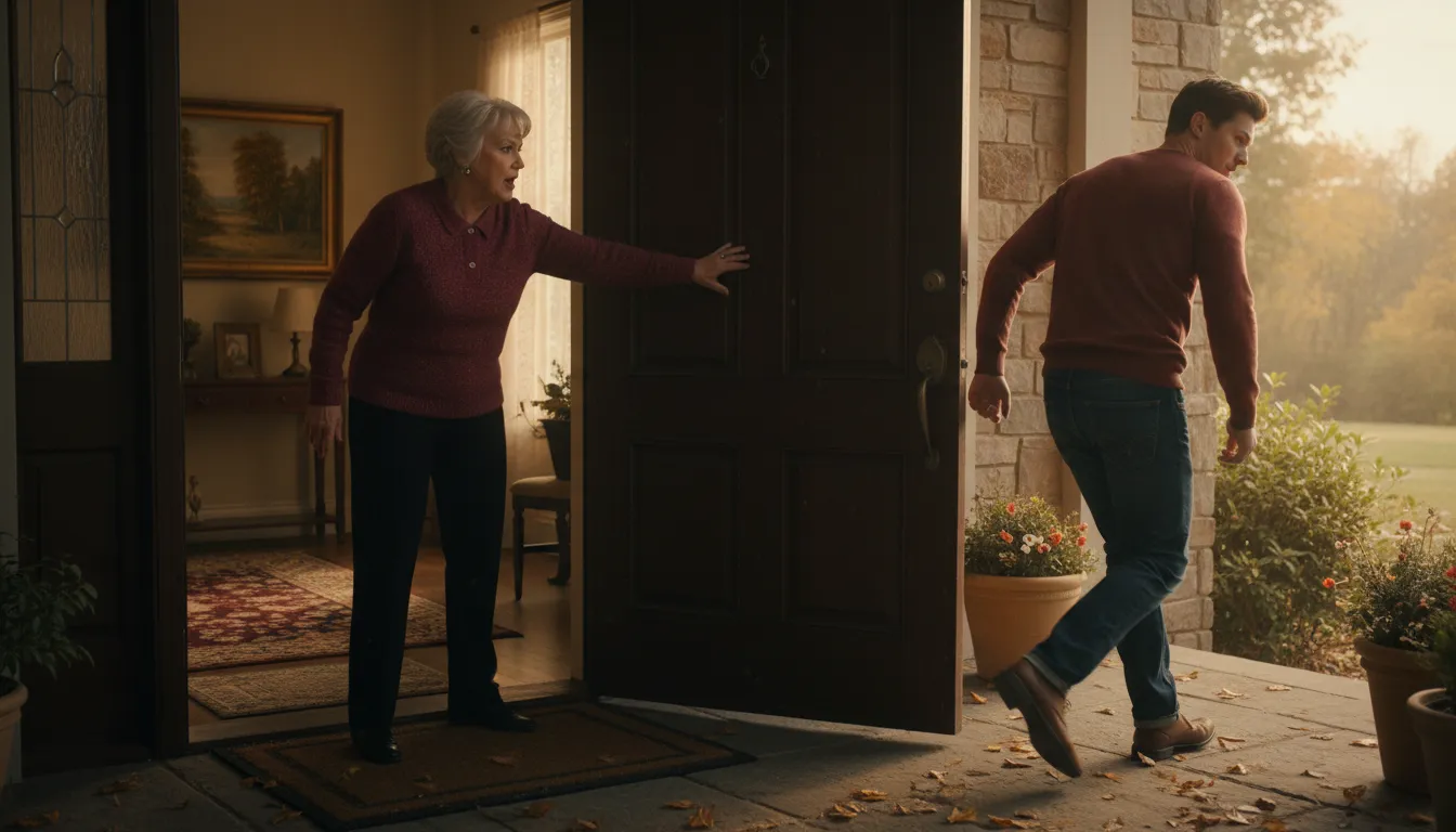 let the door hit you where the Good Lord split you 的插圖：a dismissive way to say goodbye.