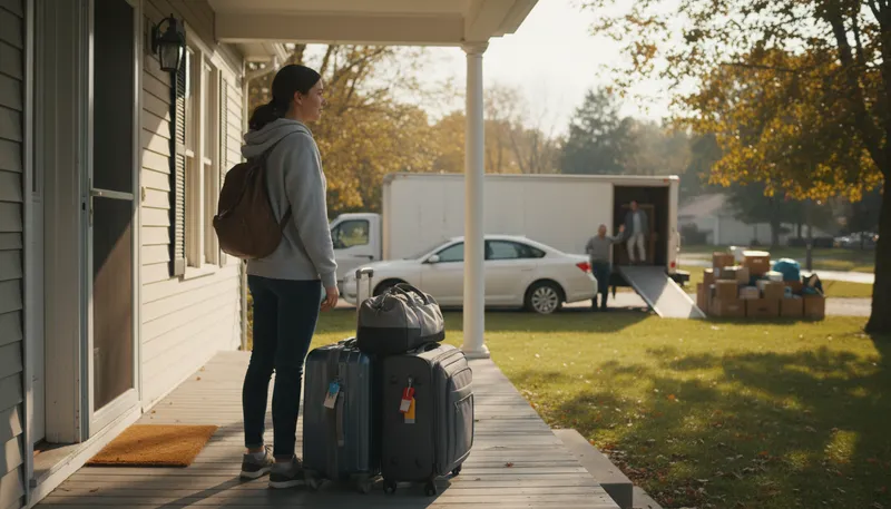 Illustration of leave home: Go away from one's house.