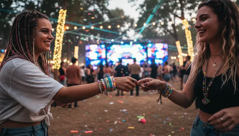 Illustration of kandi: Colorful beaded jewelry often worn at festivals.