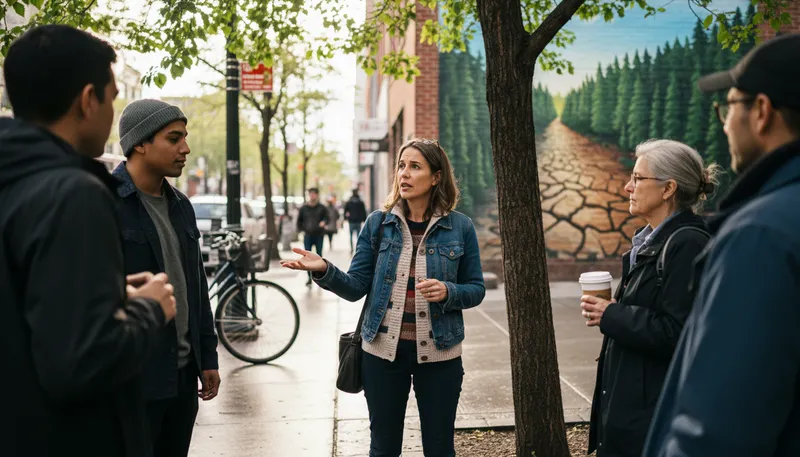 Illustration of woman on the street: An average woman representing common public opinion.