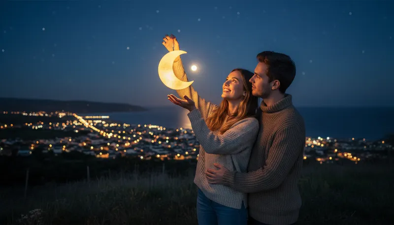 Illustration of hang the moon: To think someone is very special.