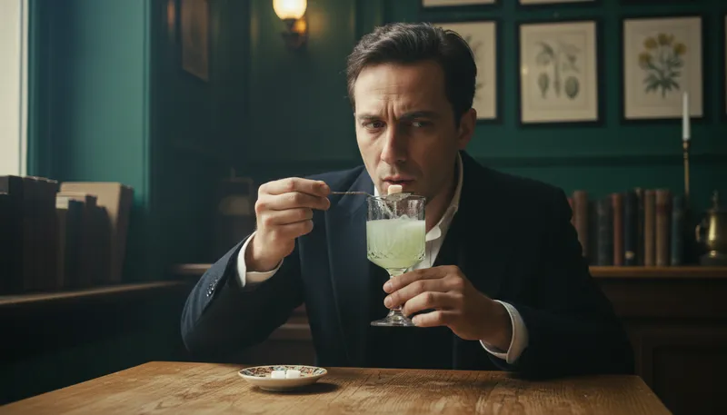 Illustration of absinthe: A green alcoholic drink with herbs.