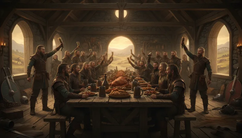 Illustration of valhalla: mythical hall for slain warriors in Norse mythology.