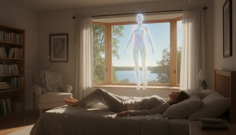 Illustration of obe: Out-of-body experience; feeling separate from body.