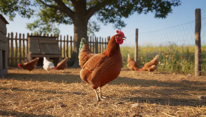 Illustration of hen: A female chicken, often kept for eggs.