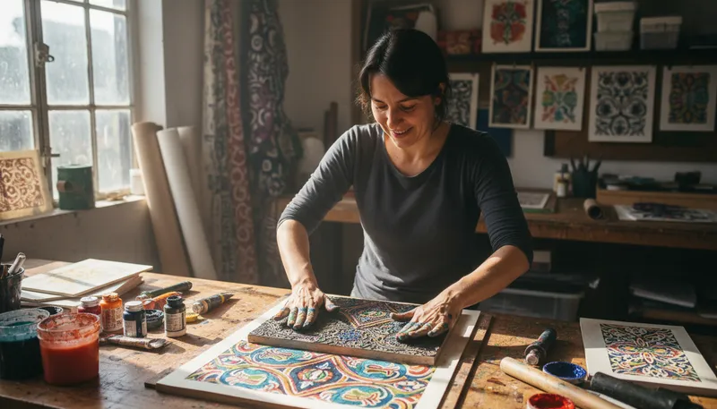 Illustration of printmaking: The process of creating artworks through printing.