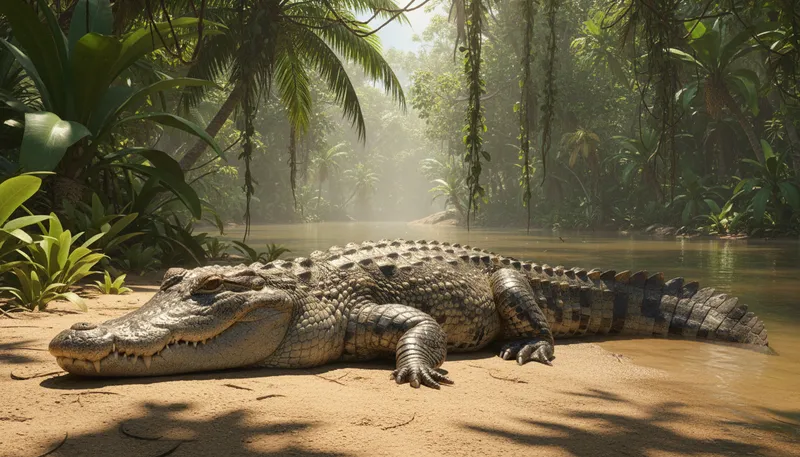 Illustration of cayman: A large reptile found in tropical regions.