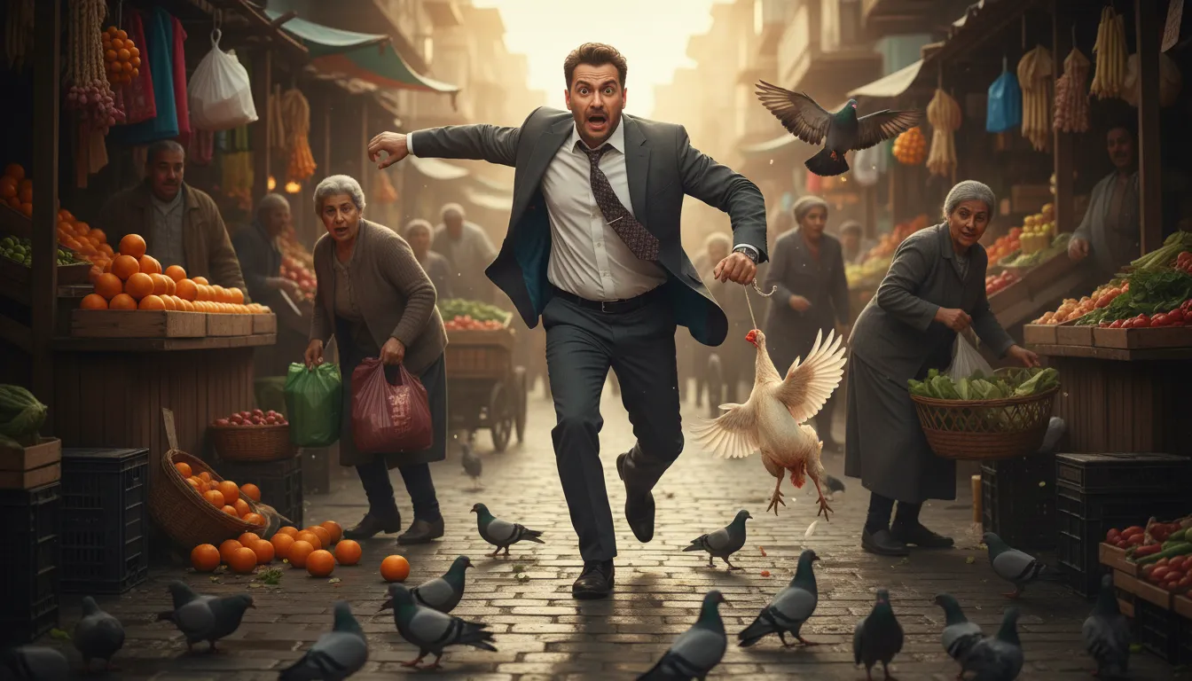 run around like a chicken with its head cut off 的插图：act in a frenzied and disorganized way.