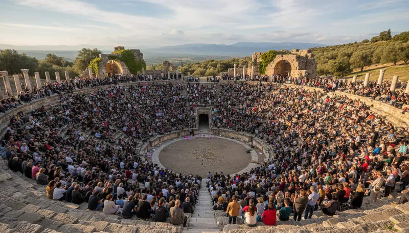 Illustration of amphitheater: A round or oval building for performances.