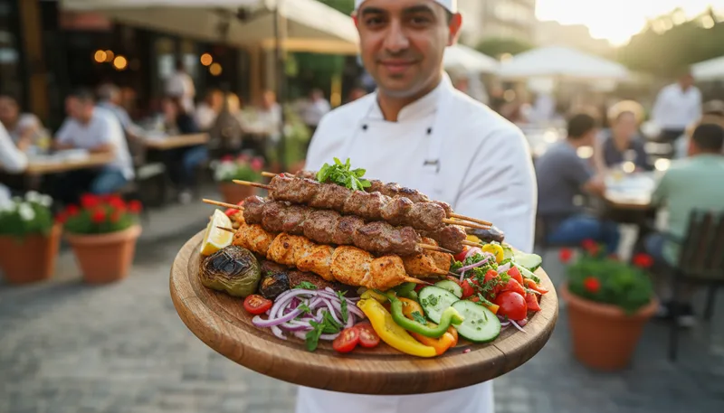 Illustration of kebab: Skewered and grilled meat dish.