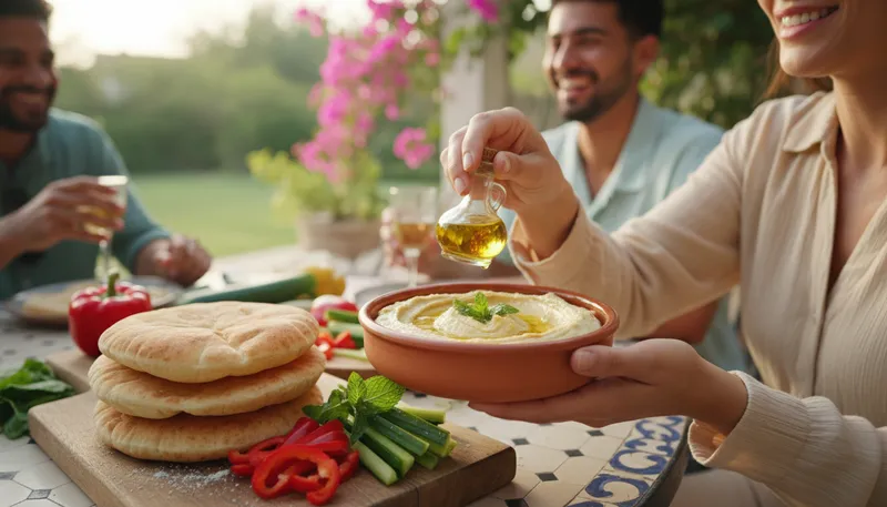 Illustration of hummus: A spread made from mashed chickpeas and tahini.