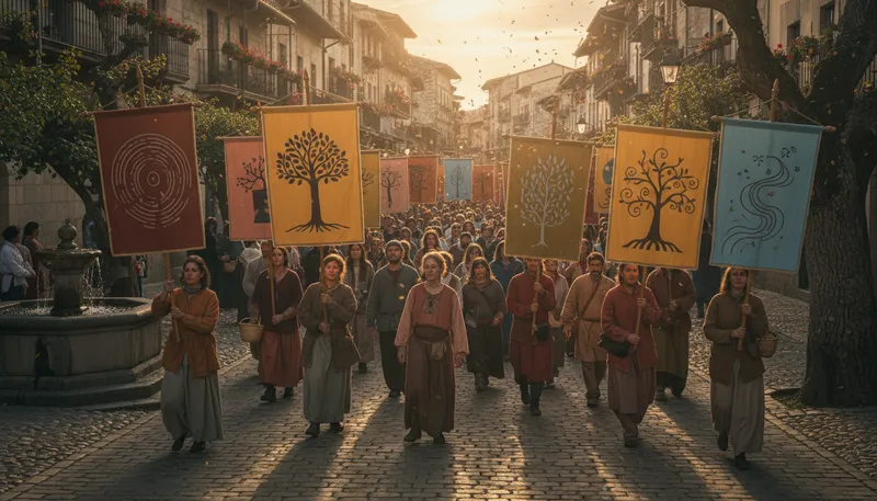 Illustration of procession: A group moving together in an organized way.