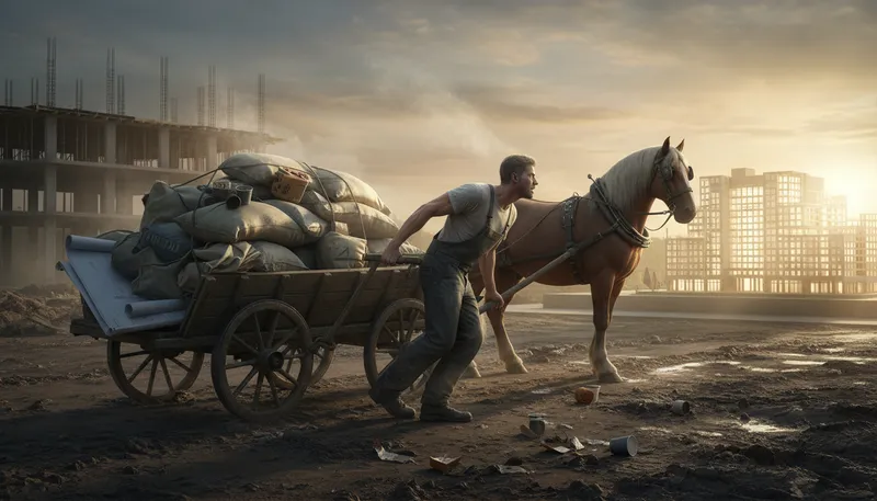Illustration of work like a horse: to work very hard
